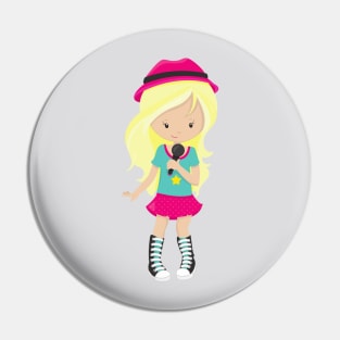 Rock Girl, Blonde Hair, Band Singer, Microphone Pin