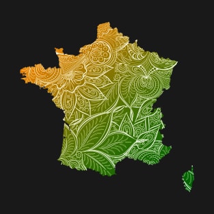 Colorful mandala art map of France with text in green and orange T-Shirt