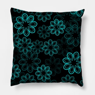 Neon Floral Cyan on Black Pillow