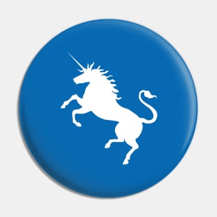 White Coloured Rearing Scottish Unicorn On Saltire Blue Background Pin