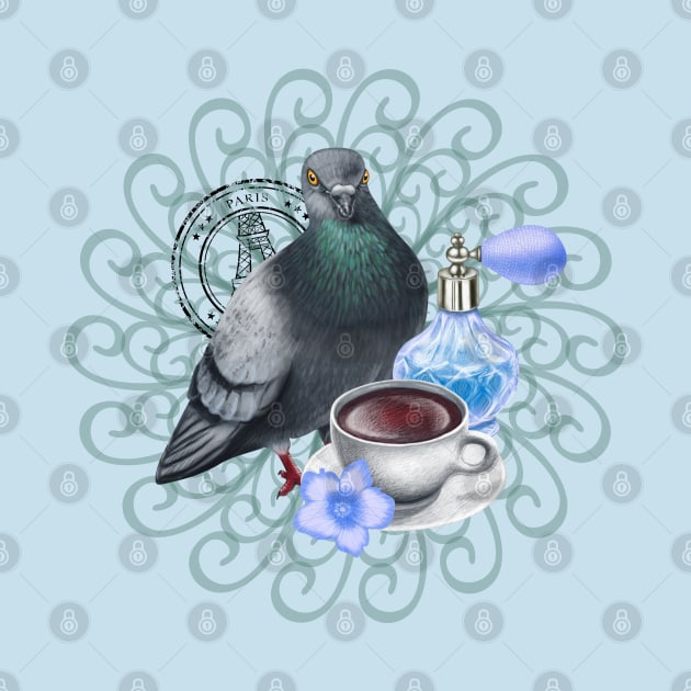 Dove with Black Tea and Perfume Bottle by DeneboArt