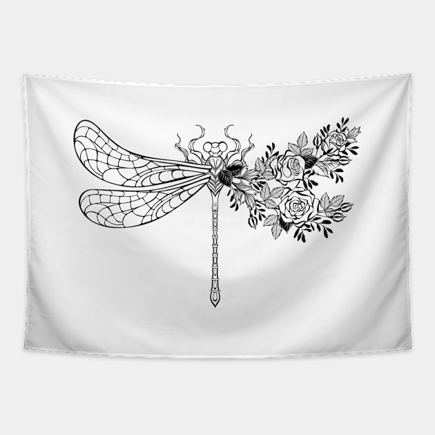 Flower dragonfly with contour rose Tapestry by Blackmoon9