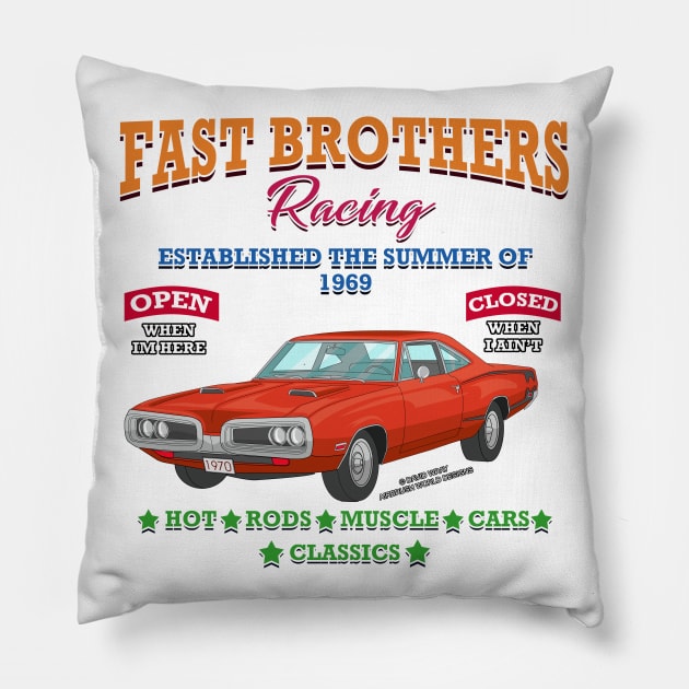 Fast Brothers Racing Hot Rod Muscle Car Novelty Gift Pillow by Airbrush World