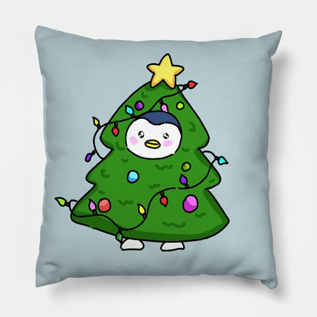 Penguin wearing a Christmas tree costume Pillow by Prost City