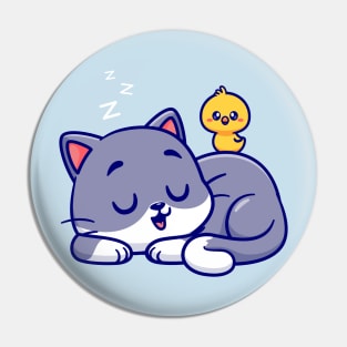 Cute Cat Sleeping With Chick Cartoon Pin