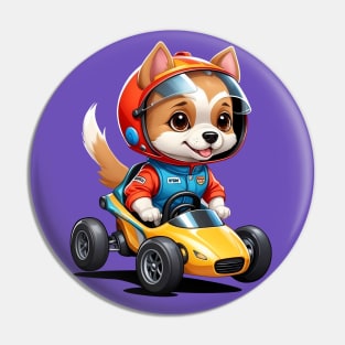 Cartoon Dog Driving a Race Car Pin