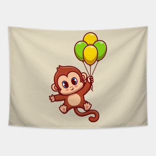 Cute Monkey Flying With Balloon Cartoon Tapestry