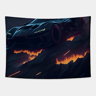 Dark Neon City Sports Car Tapestry