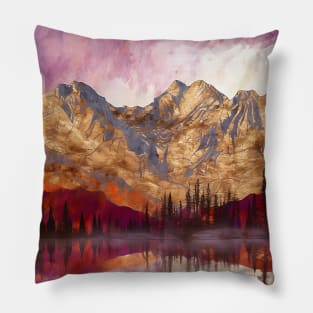 Golden Textured Mountain Lake Reflecting Pink Skies Pillow