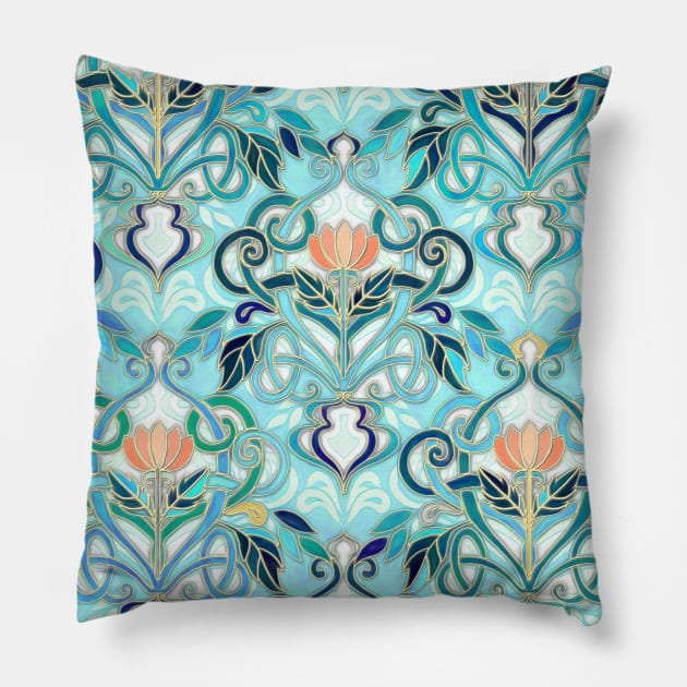 Ocean Aqua Art Nouveau Pattern with Peach Flowers Pillow by micklyn