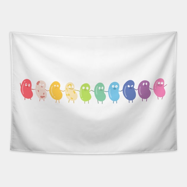 Cute rainbow coloured jelly beans holding hands Tapestry by ballooonfish