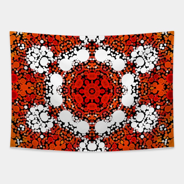 Dot Mandala Flower Orange White and Red Tapestry by WormholeOrbital