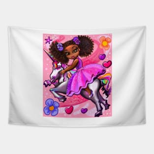 Curly hair Princess on a unicorn pony 3 - black girl with curly afro hair on a horse. Black princess Tapestry