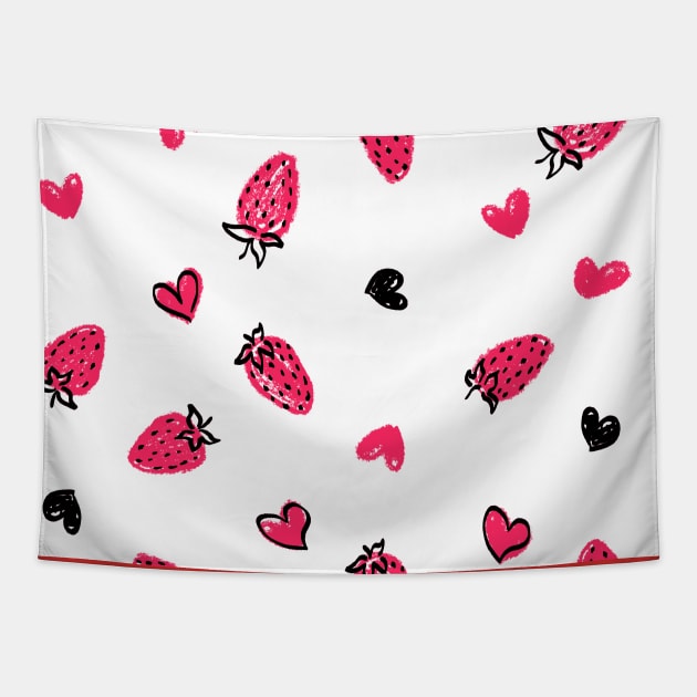 White Strawberry Love Tapestry by Carolina Díaz