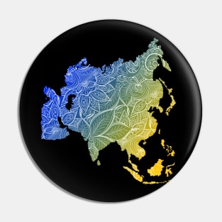 Colorful mandala art map of Asia with text in blue and yellow Pin