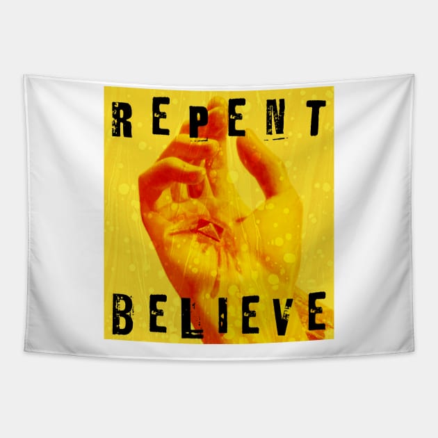 Repent & Believe - Yellow with Black Text Tapestry by Inspired Saints