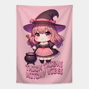 Thick Thighs Witchy Vibes Cute Kawaii Chubby Witch Tapestry