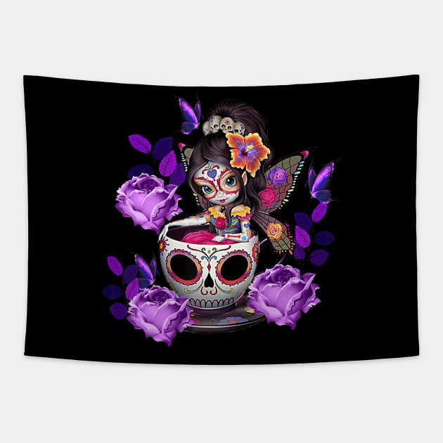 Sugar skull angel fairy purple rose coffee halloween costume Tapestry by Tianna Bahringer