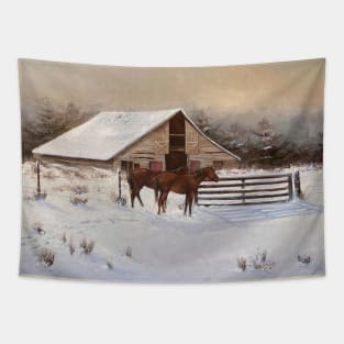 Horse by The Snow Barn Vintage Oil on Canvas Tapestry