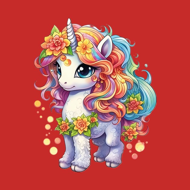 Majestic Harmony: Beautiful Unicorn with Colorful Flowing Mane and Flowers Design by TheMythicalCreatures