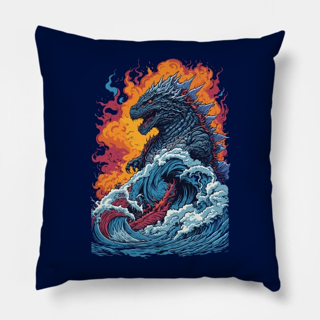 Godzilla's Unstoppable Rampage Pillow by Robiart