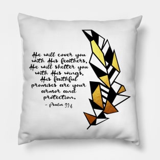 Gold Geometric Feather and Psalm 91:4 Pillow