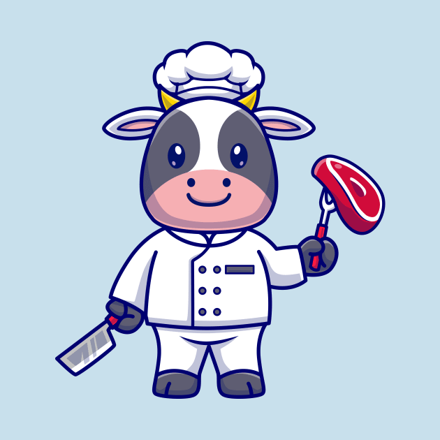 Cute Cow Chef Cooking Meat Cartoon by Catalyst Labs