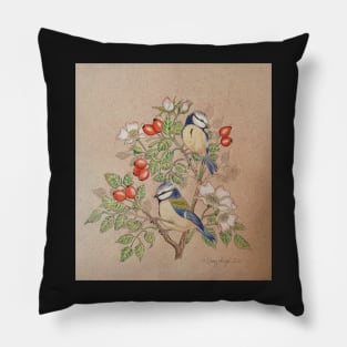 Blue tit on rosehip Pillow