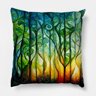 Graphic representation of trees at sunset as the light shines through. Pillow