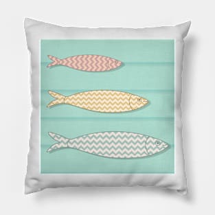 Traditional Portuguese icon. Colored sardines with geometric chevron patterns on wooden background. Pillow