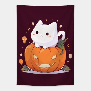 White chubby cat sitting on a pumpkin Tapestry