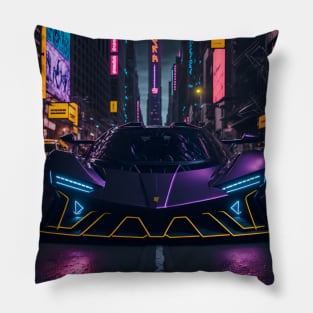 Dark Neon Sports Car in Japanese Neon City Pillow