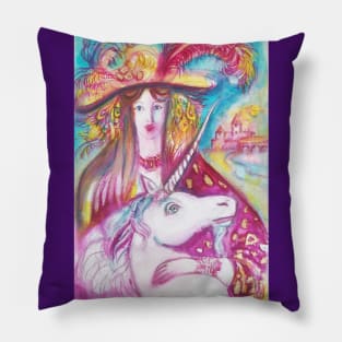 UNICORN  AND LADY WITH PEACOCK FEATHERS Pillow