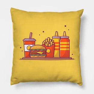 Burger, French fries And Soft Drink With Mustard And Sauce Cartoon Pillow