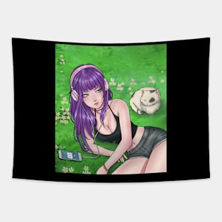 Girl lying on the grass Tapestry