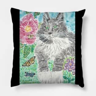 Gray and white  cat butterflies  flowers  art Pillow