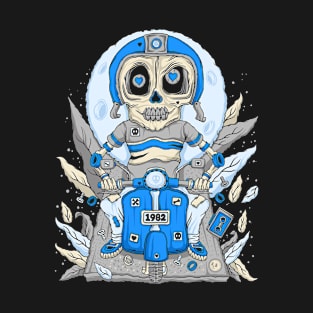 Skeleton Blue Helmet Scooter Forest Hearts Leaves Ride Along T-Shirt