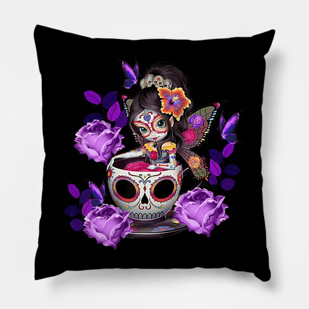 Sugar skull angel fairy purple rose coffee halloween costume Pillow by Tianna Bahringer