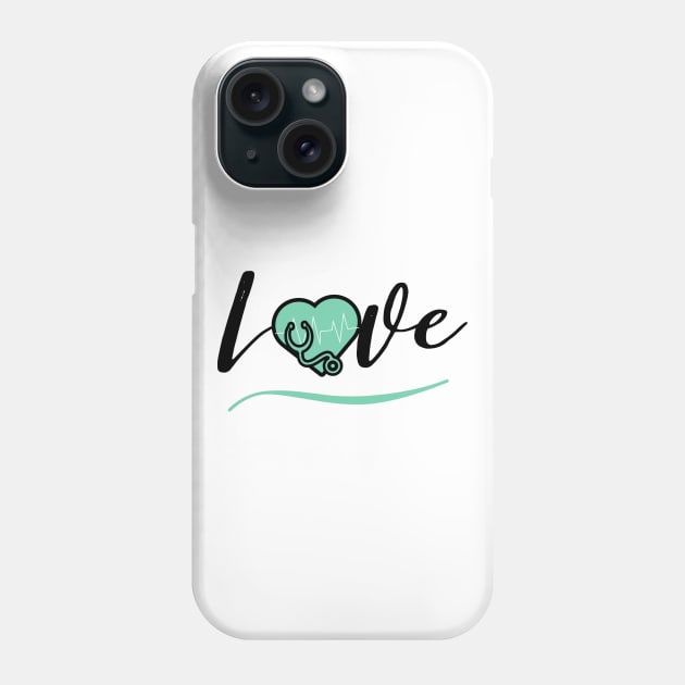 Love medicine black text design with green heart stethoscope and heartbeat Phone Case by BlueLightDesign