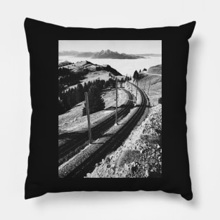 Cogwheel Rail Track on Mount Rigi With Swiss Alps in Black and White Pillow