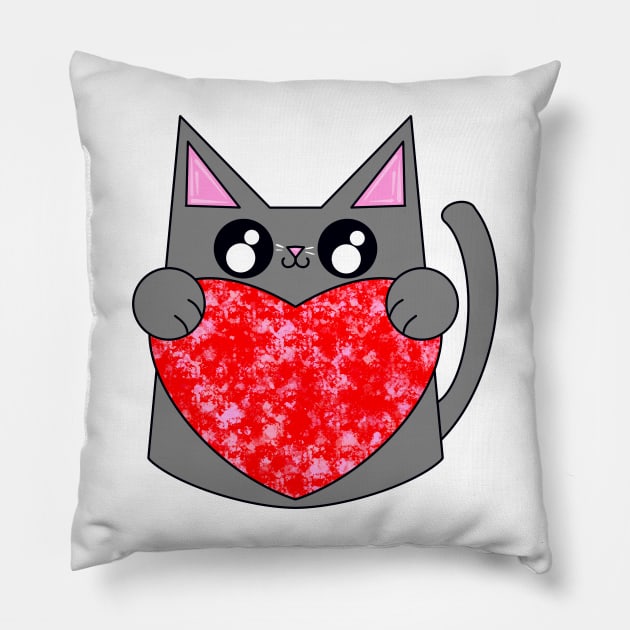 Smoky The Gray Cat With Valentines Heart Pillow by missmann