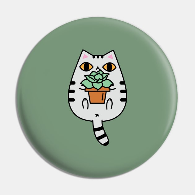 Gray Tabby Cat with Succulent Plant Pin by Noristudio