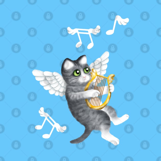 Grey Cherub Kitten Playing a Lyre by illucalliart