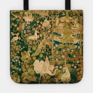 UNICORN AND WHITE GRYPHON, WILD ANIMALS, FANTASY FLOWERS Blue Green Gothic Floral Tote