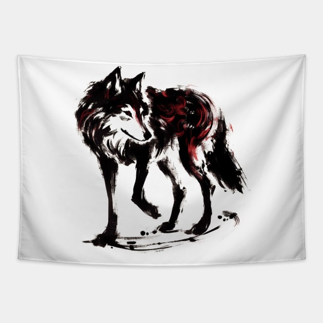 Chinese Style Ink Wolf Tapestry by T-Shirt Paradise