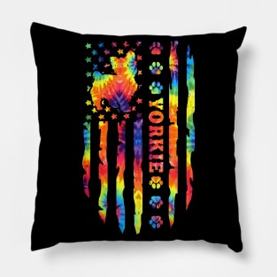 Yorkshire Terrier Dog Tie Dye Rainbow American Flag Print Pillow