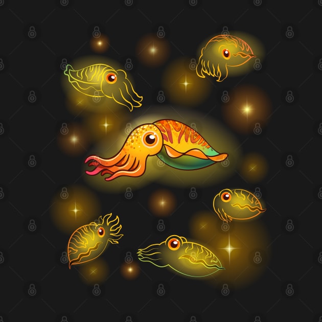 Glowing golden cuttlefish under deepsea by tomodaging