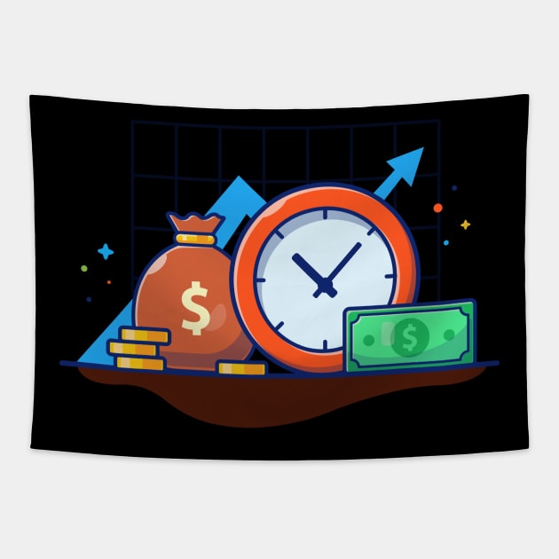 Clock with stack of coin and sack of money cartoon Tapestry by Catalyst Labs