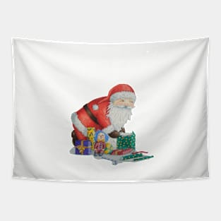 Cute santa with toys wrapping gifts for christmas Tapestry