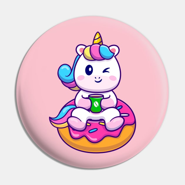 Cute Unicorn With Cofee And Doughnut Cartoon Pin by Catalyst Labs